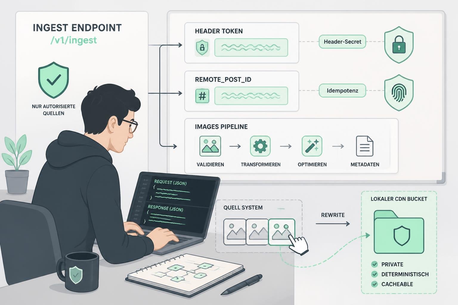 Entwickler implementiert Ingest‑Endpoint mit Header‑Secret, idempotenter remote_post_id‑Logik und Medien‑Rewrite für CMS.