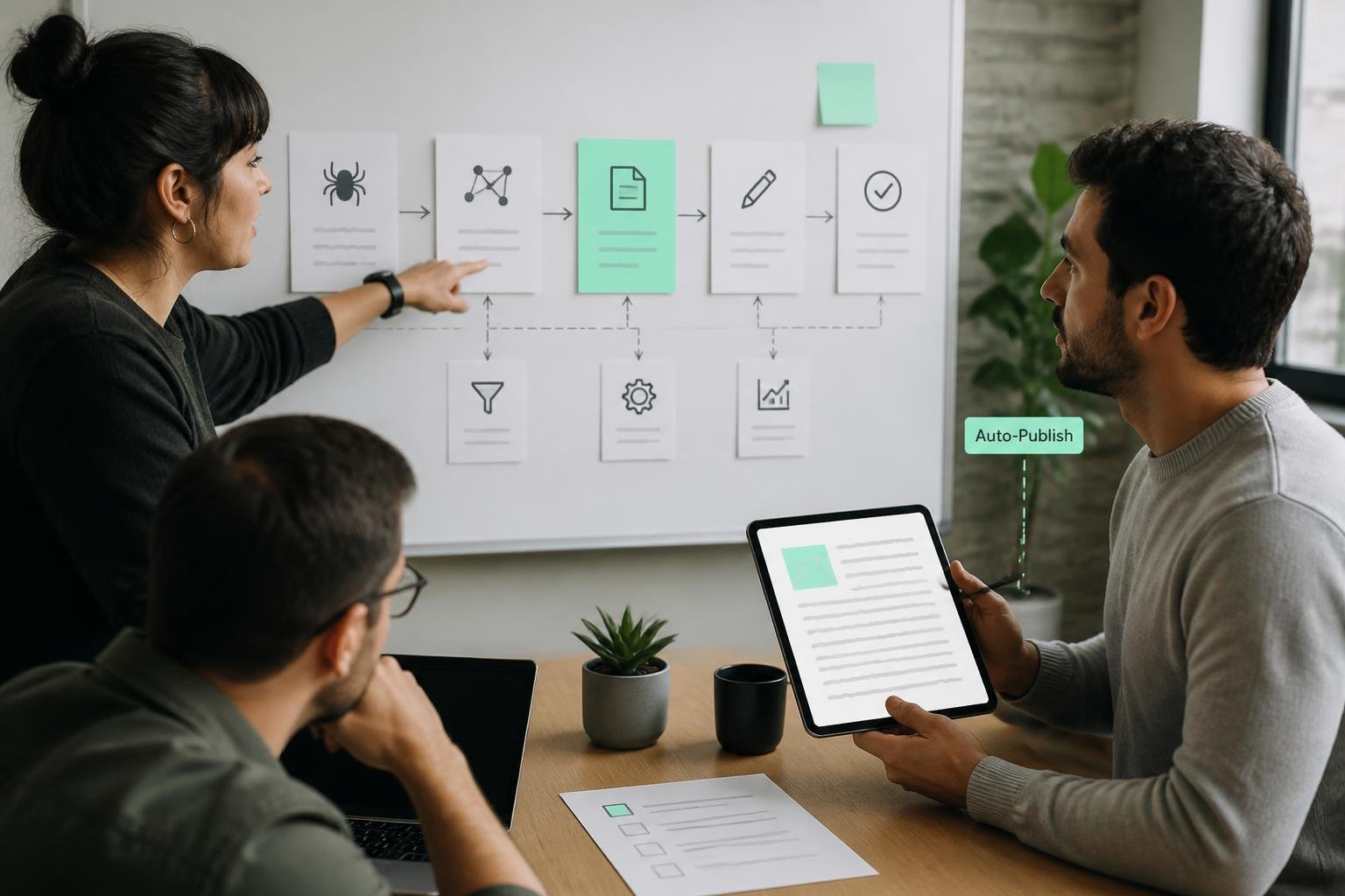 Visualisierung eines Automationsablaufs: Team arbeitet an Workflow von Crawl bis Auto‑Publish, Bildschirme mit Platzhaltertext