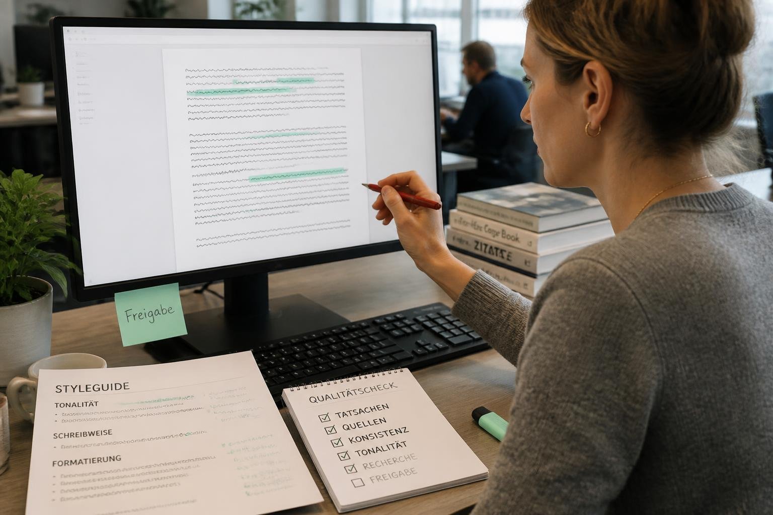 Redakteur prüft Draft am Bildschirm mit Checkliste und ‚Freigabe‘-Notiz, Fokus auf Markenstimme und Qualität