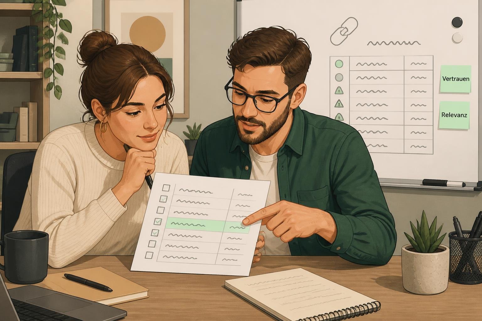 Zwei Analysten prüfen Kennzahlen auf einer Checkliste; sichtbare Marker 'Vertrauen' und 'Relevanz' betonen den Fokus.
