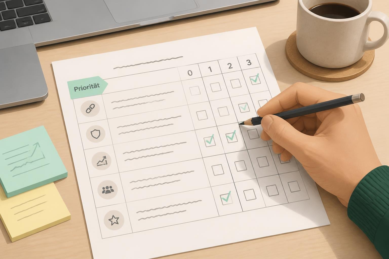 Nahaufnahme: Hand füllt Scorecard‑Tabelle zur Priorisierung von Backlinks, ein Tab mit 'Priorität' markiert Spalten.