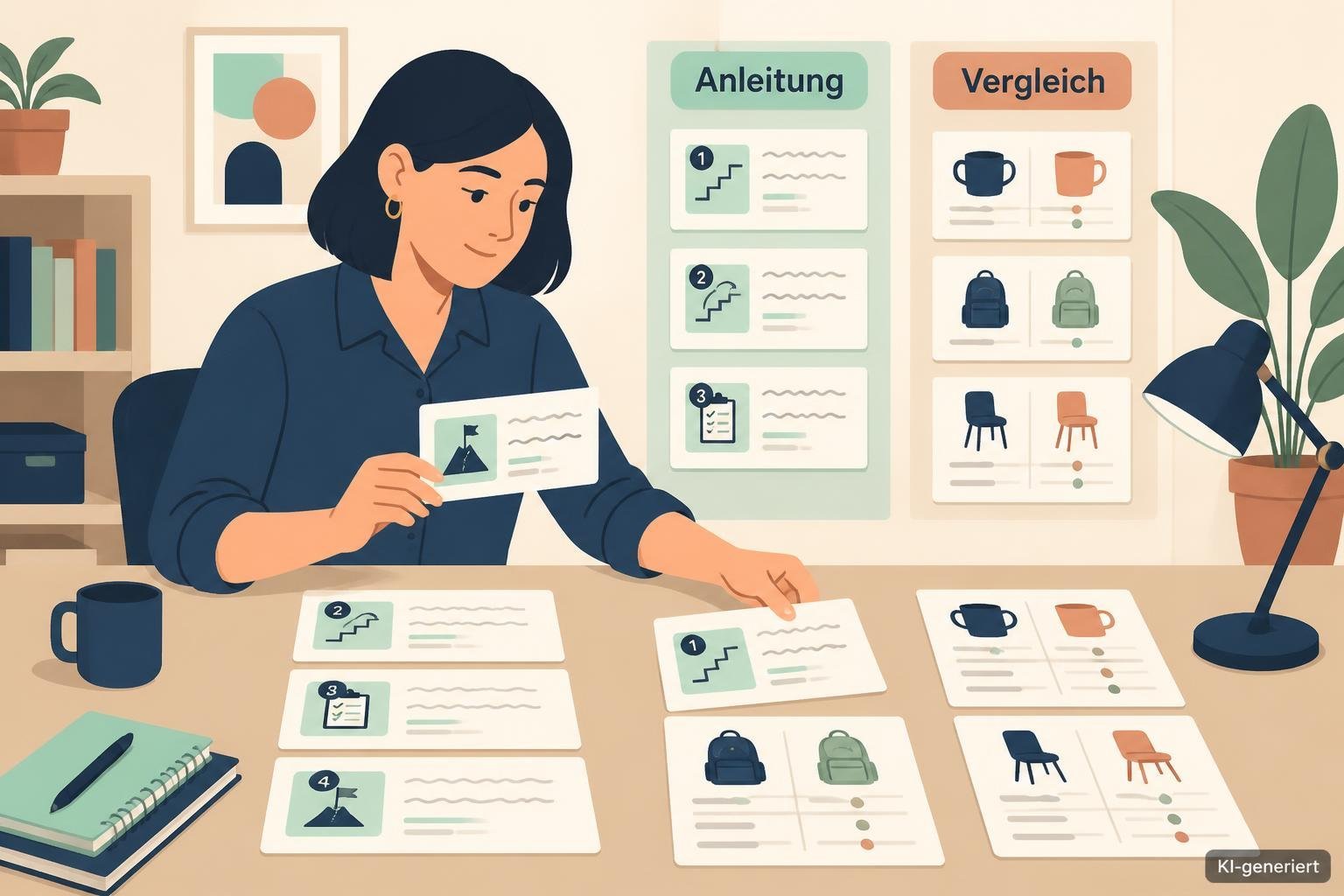 Eine Redakteurin sortiert Suchergebnisse nach ihrer Absicht: Anleitung oder Vergleich.