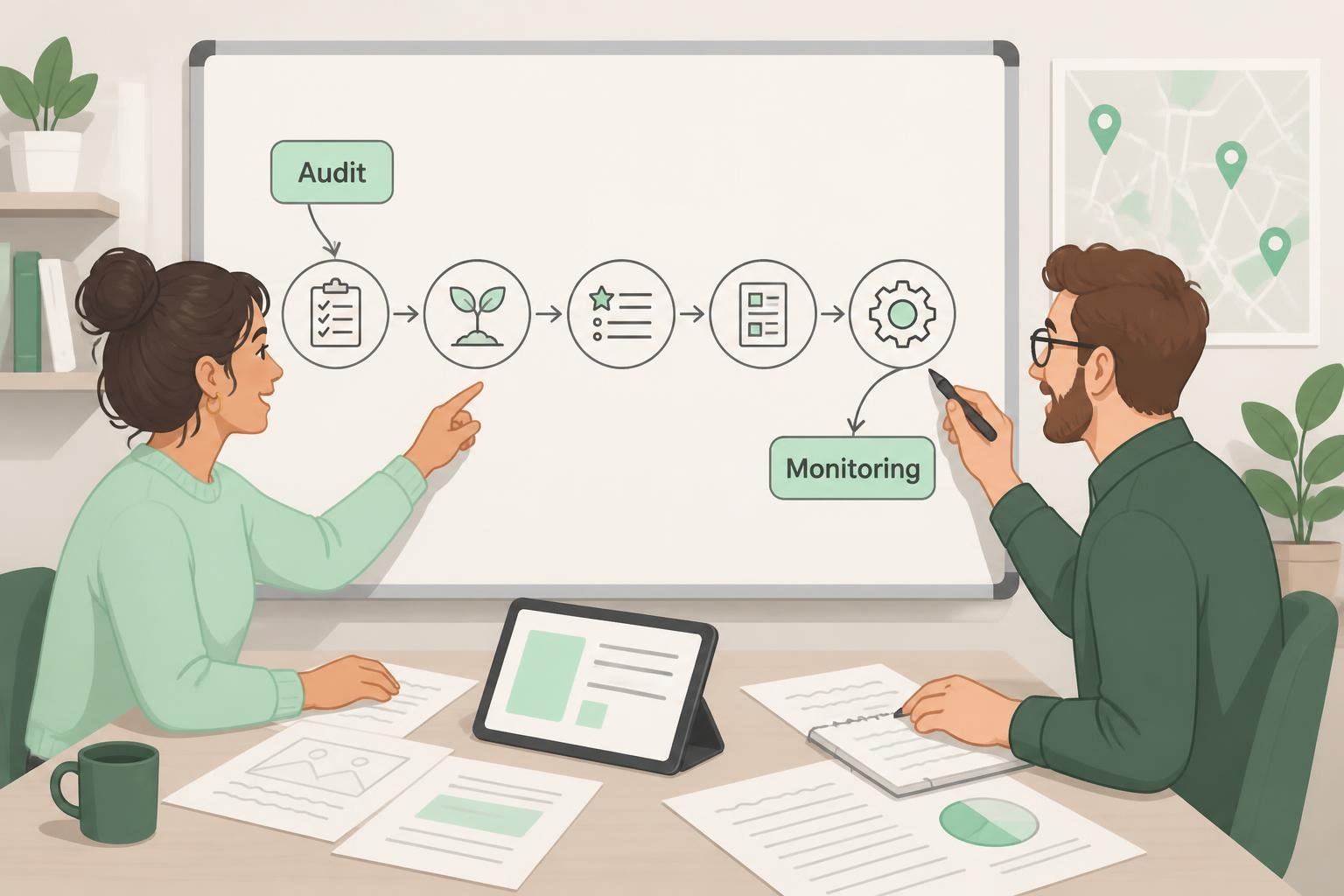 Illustration eines Teams, das den Citation‑Workflow plant (Audit bis Monitoring) mit Flowchart, Kartenpins und Audit‑/Monitoring‑Badges.