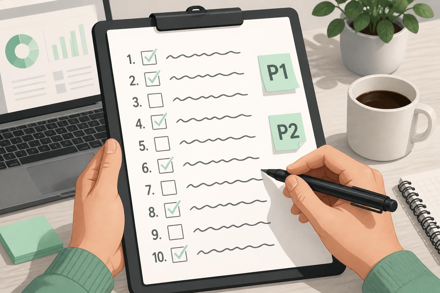Nahaufnahme eines Tablets mit 10‑Punkte‑Checkliste für den ersten Monat des Citation‑Aufbaus, Häkchen, Stift und Prioritäts‑Sticker.
