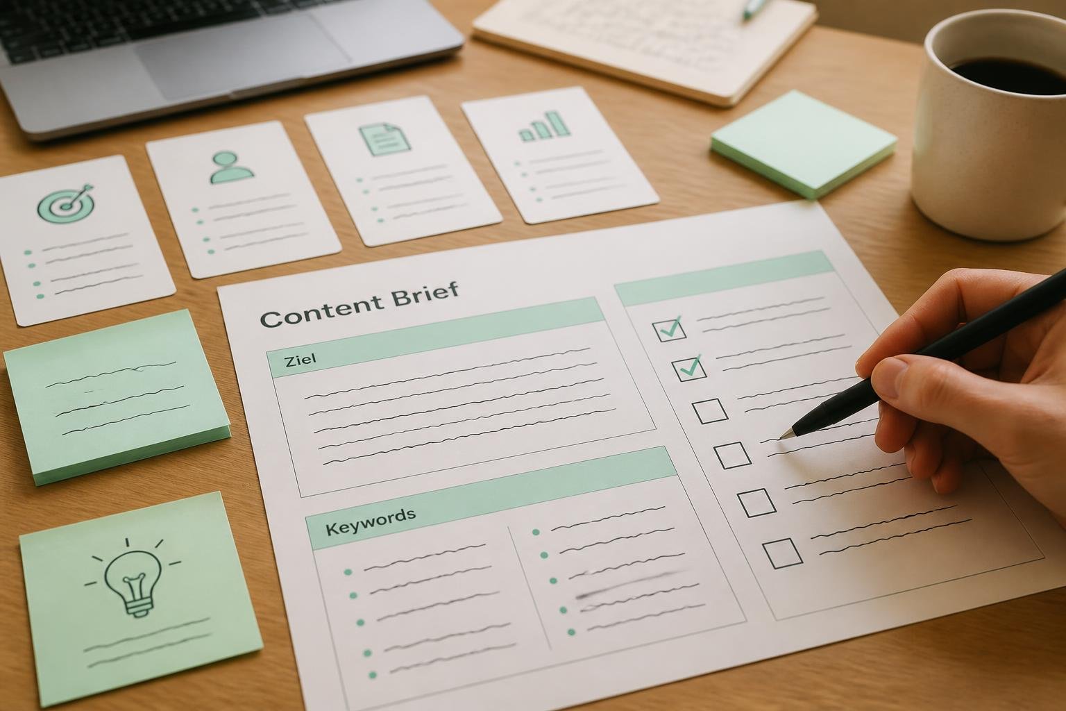 Top-down-Illustration: Template-Karten mit Labels „Ziel“ und „Keywords“, Checklisten und squiggly Platzhaltertexte, mint-grüne Akzente.