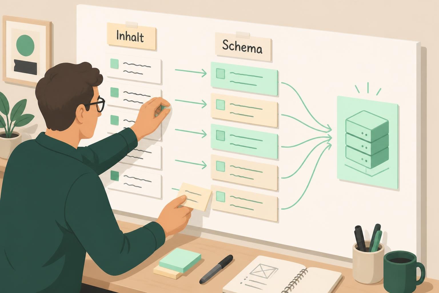 Illustration eines Mapping-Workflows: Indexkarten mit Labels „Inhalt“ und „Schema“, Pfeile verbinden Felder, mint-grüne Hervorhebungen.