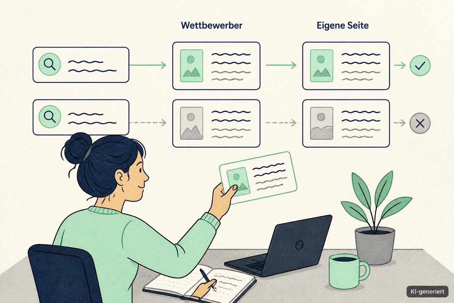 Eine Content-Managerin gleicht Suchanfragen und Wettbewerberseiten mit vorhandenen Website-Seiten ab.