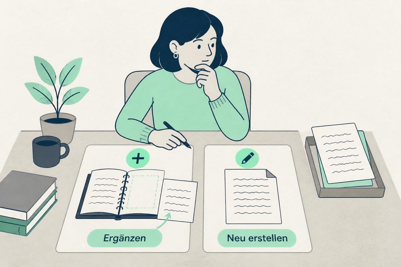 Eine Redakteurin ergänzt einen bestehenden Ratgeber oder plant für eine andere Suchfrage eine neue Seite.