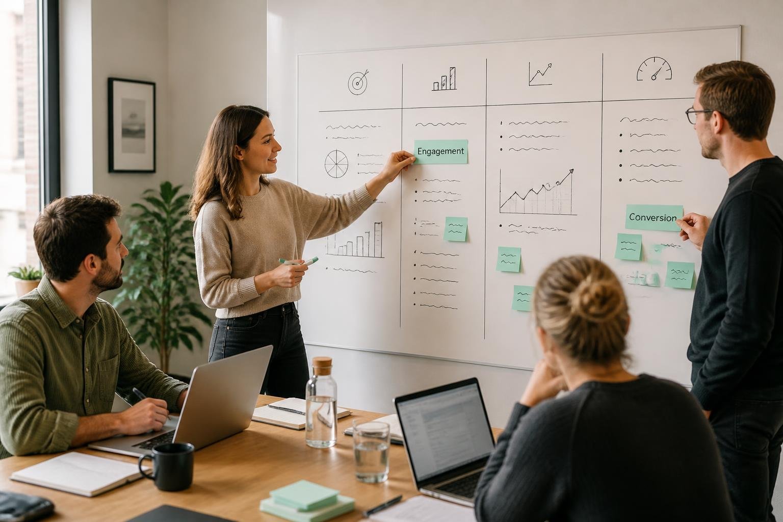 Team markiert KPI‑Spalten 'Engagement' und 'Conversion' auf einem Whiteboard, visuelle Zuordnung zur Content‑Performance.