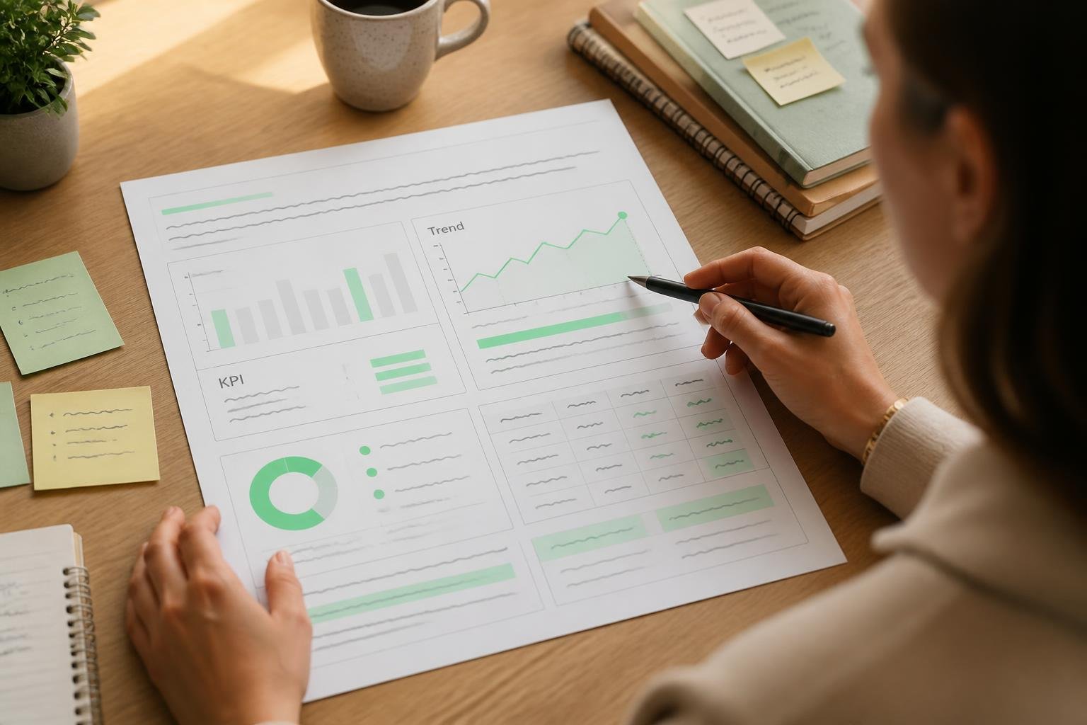 Einseitiges Dashboard‑Mockup mit KPI‑ und Trend‑Markierungen, Team prüft schematische Diagramme mit mintgrünen Akzenten.