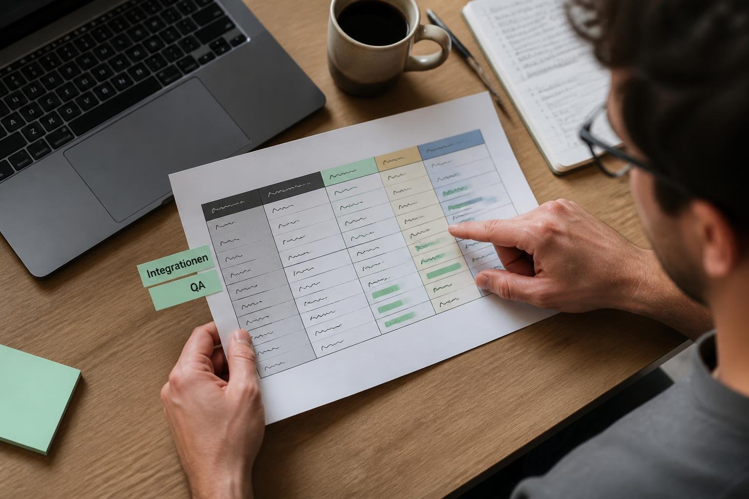 Produktmanager prüft Entscheidungs‑Matrix für Content‑Skalierung auf dem Schreibtisch, Fokus auf Integrationen und QA.
