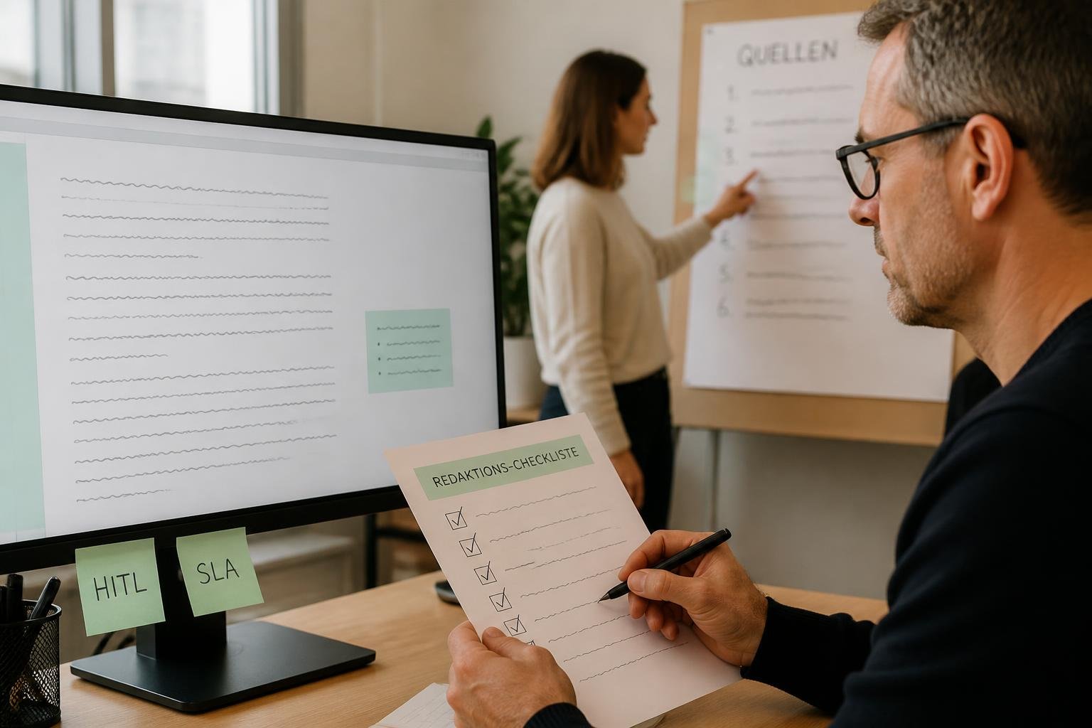 Editor prüft KI‑Draft am Monitor mit abgehakter QA‑Checkliste; Szene zeigt HITL‑Workflow und SLA‑Kontrolle.