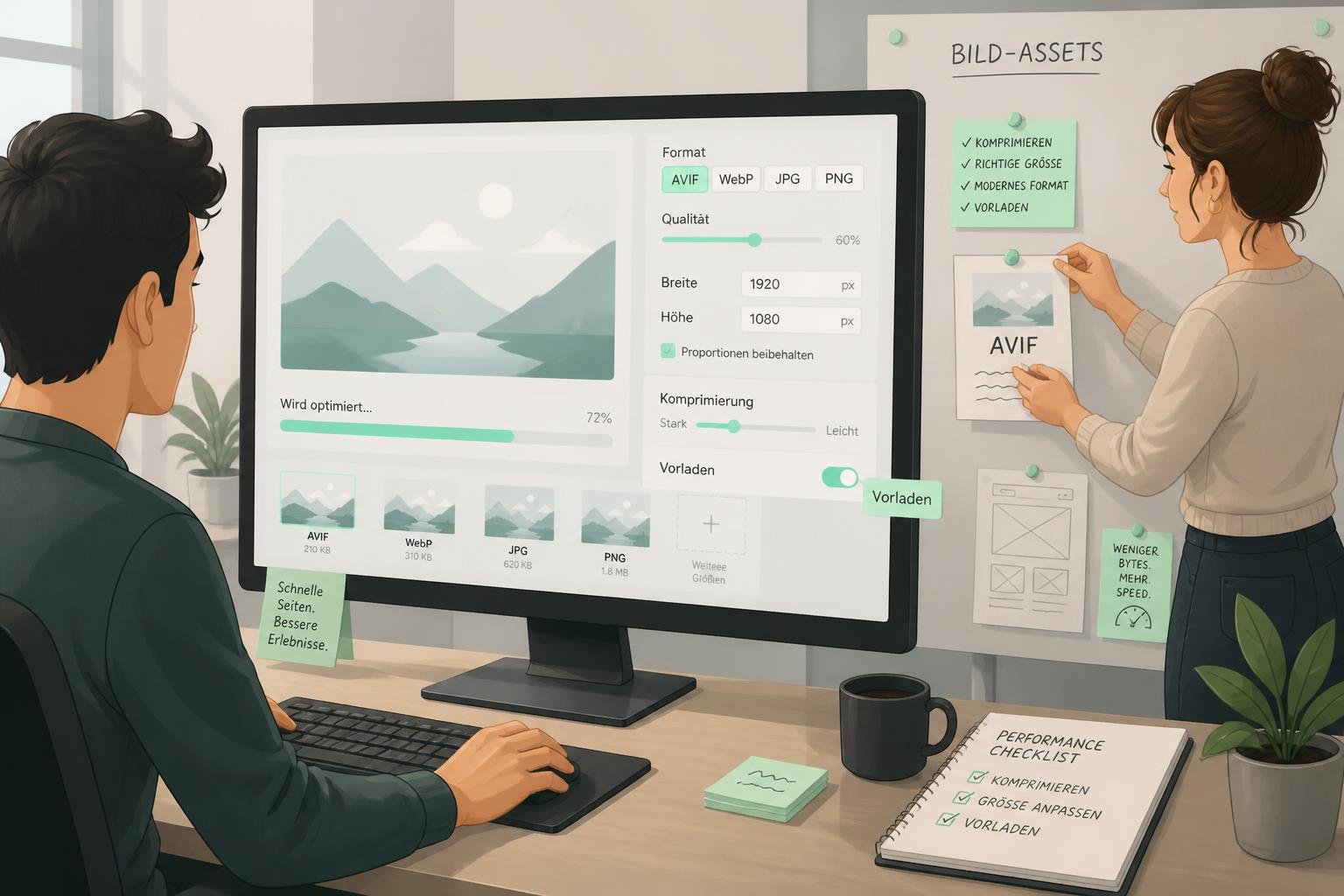 Entwickler optimiert Hero‑Bild, setzt Preload (Vorladen) und Kompression ein; visuelle Darstellung zur LCP‑Verbesserung