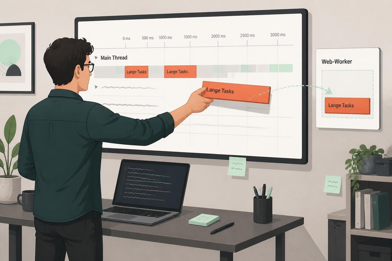 Front‑End‑Entwicklerin verschiebt lange Tasks in Web‑Worker, visualisiert Code‑Splitting und INP‑Optimierung