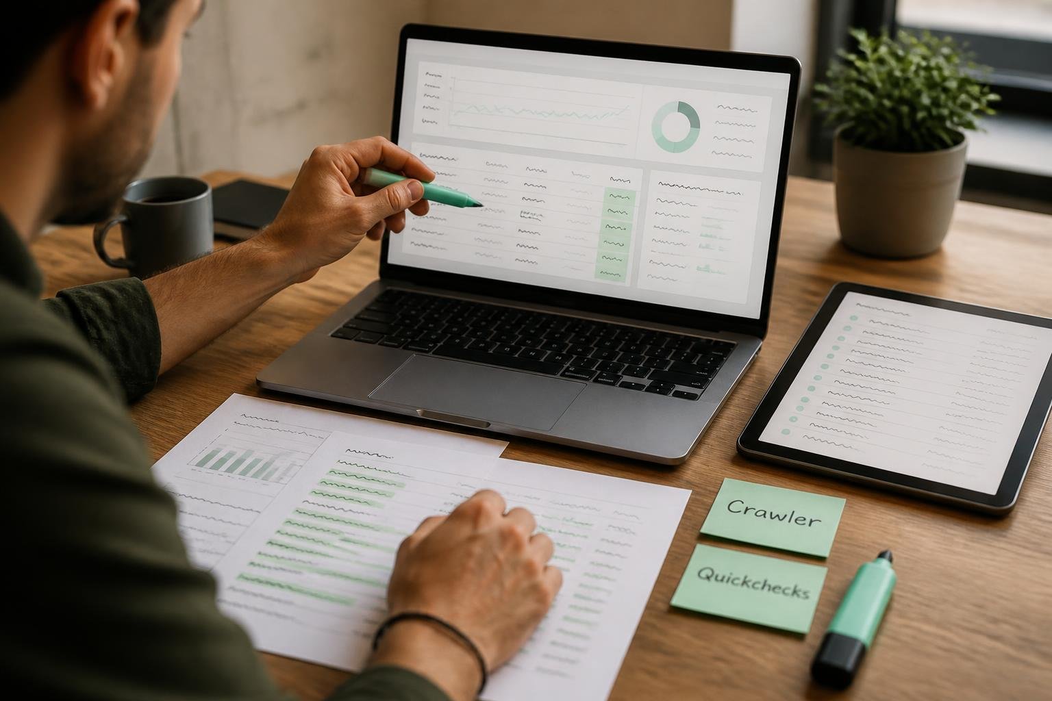 SEO-Analyst deutet auf Laptop mit Crawler‑Report, Sticky‑Notes mit Labels 'Crawler' und 'Quickchecks'.