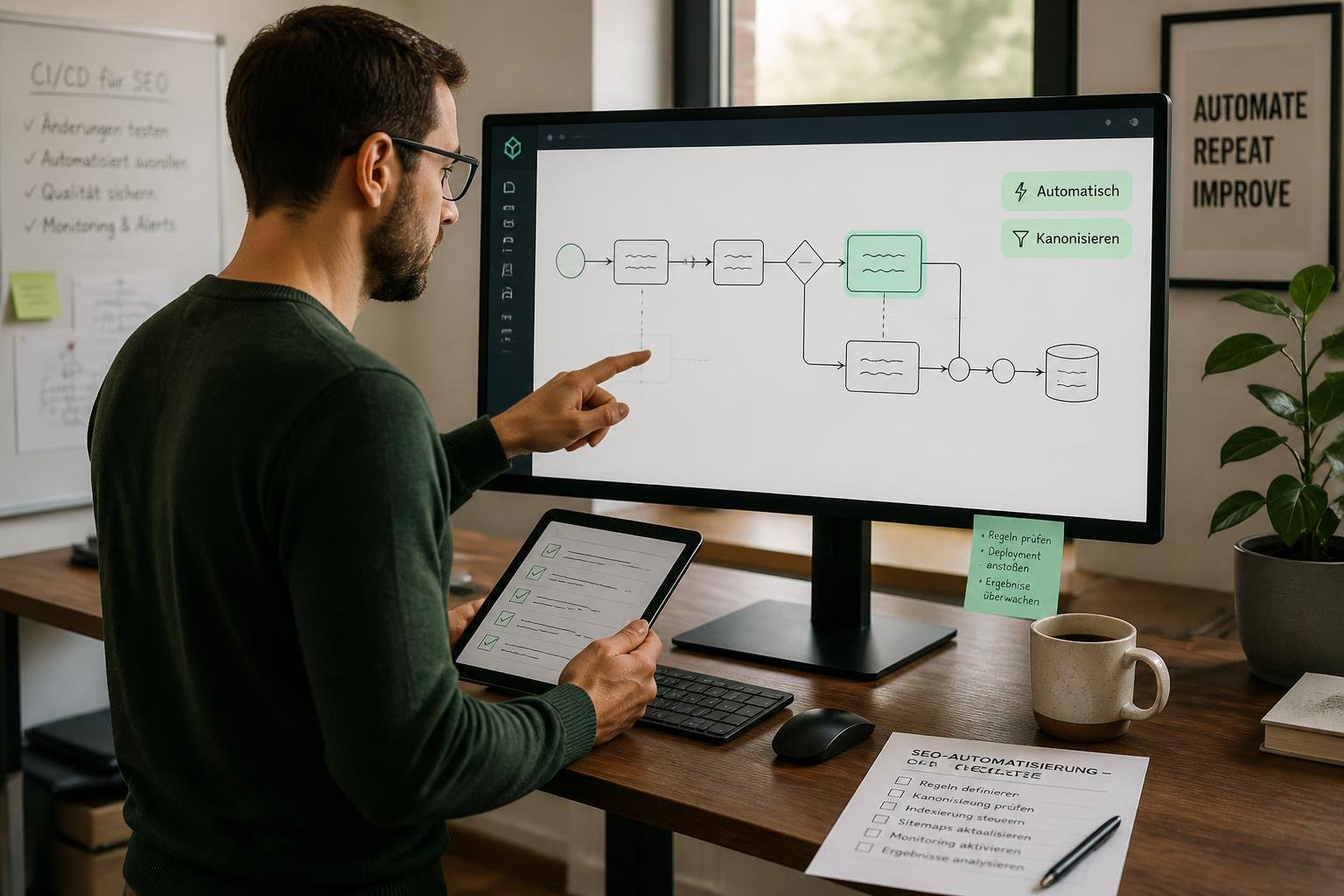 Entwicklerin konfiguriert automatische Kanonisierung im CMS, Pipeline‑Diagramm mit Labels 'Automatisch' und 'Kanonisieren'.