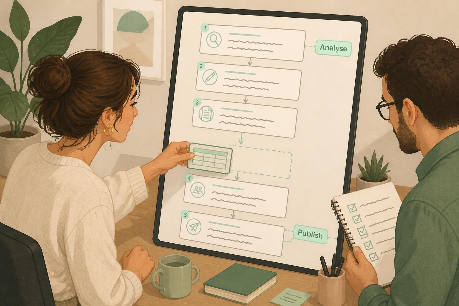 Illustration: Redakteurin baut Schritt-für-Schritt-Prozess mit Checkliste und squiggly-Textplätzen zur Snippet-Optimierung.