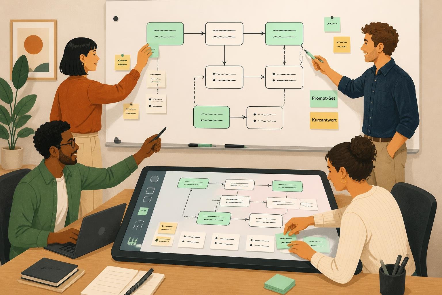 Team entwickelt eine Schritt‑für‑Schritt‑Roadmap an Whiteboard und Touchscreen mit Flowchart, Sticky‑Notes 'Prompt‑Set' und 'Kurzantwort'.