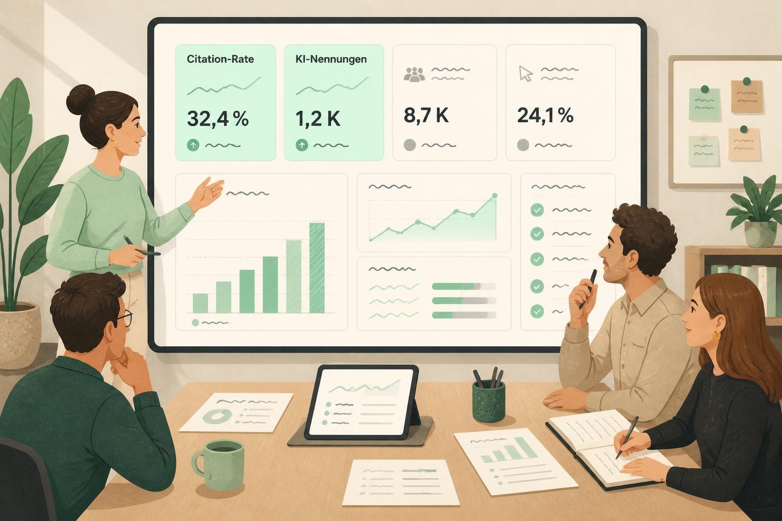 Projektteam wertet KPI‑Dashboard mit Karten für Citation‑Rate und KI‑Nennungen aus; Charts und schematische Messwerte sichtbar.