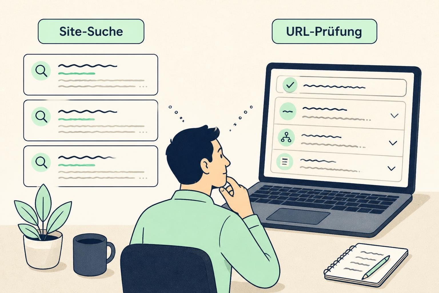 Eine Website-Managerin vergleicht die Google-Suche mit der URL-Prüfung für eine konkrete Seite.