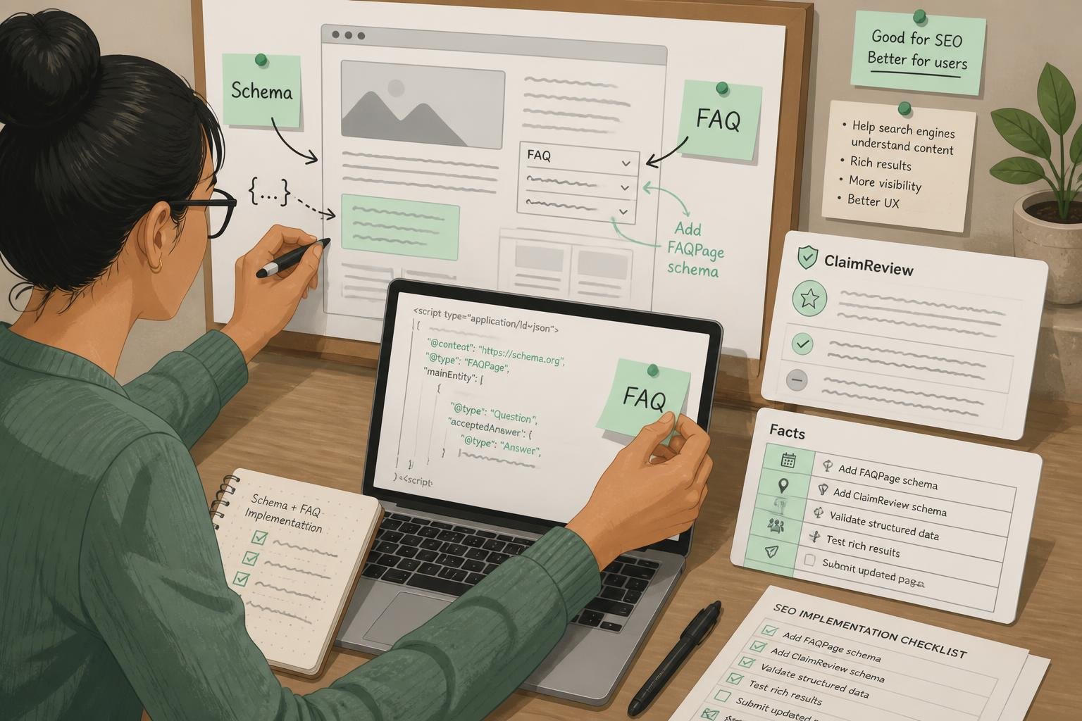 SEO‑Spezialist markiert eine Webseite mit Schema‑Hinweisen und FAQ‑Karten; Labels "Schema" und "FAQ" sichtbar.