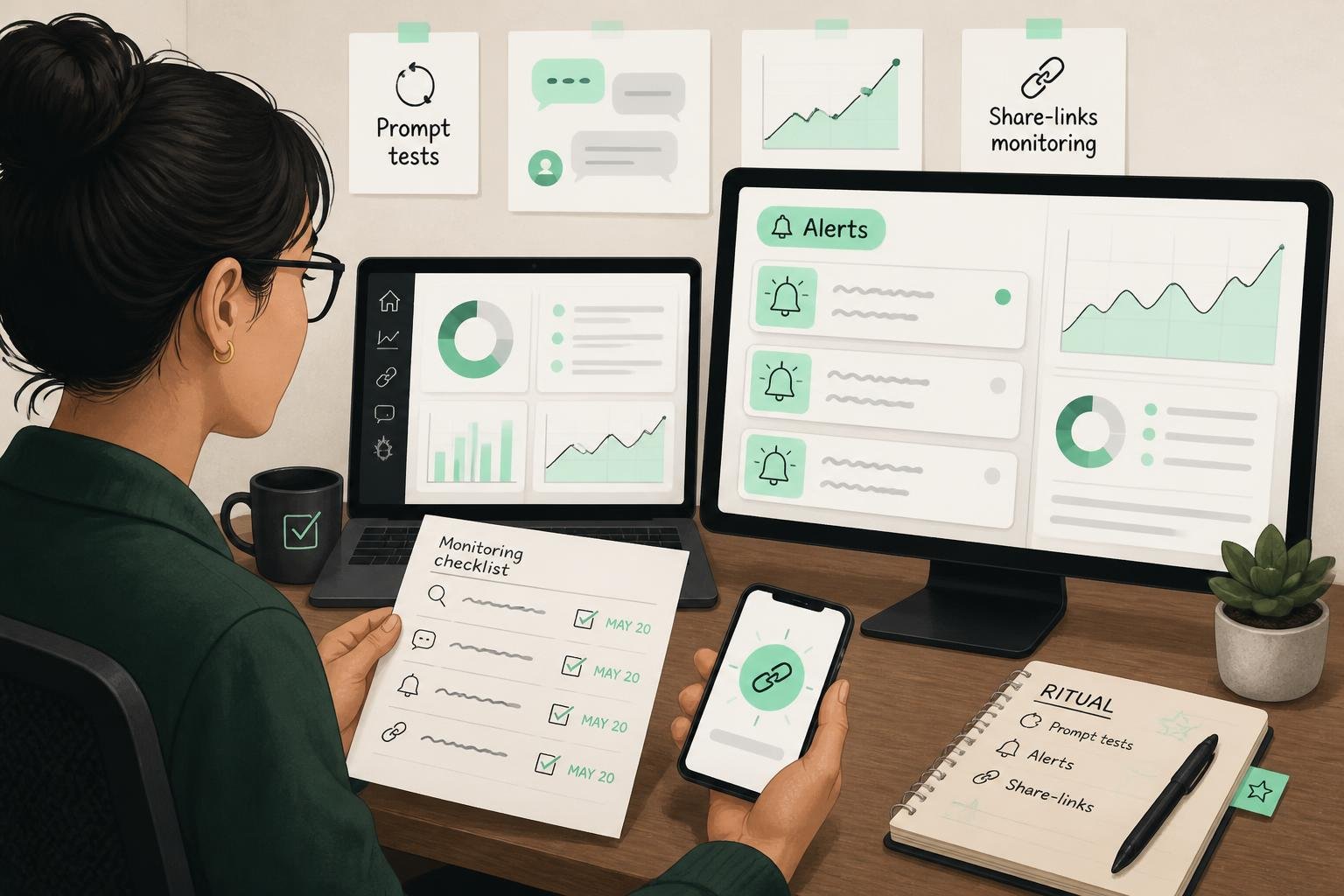 Person überprüft Monitoring‑Dashboard mit Alerts, Prompt‑Tests und Share‑Links; Checkliste und Alarm‑Karten sichtbar.
