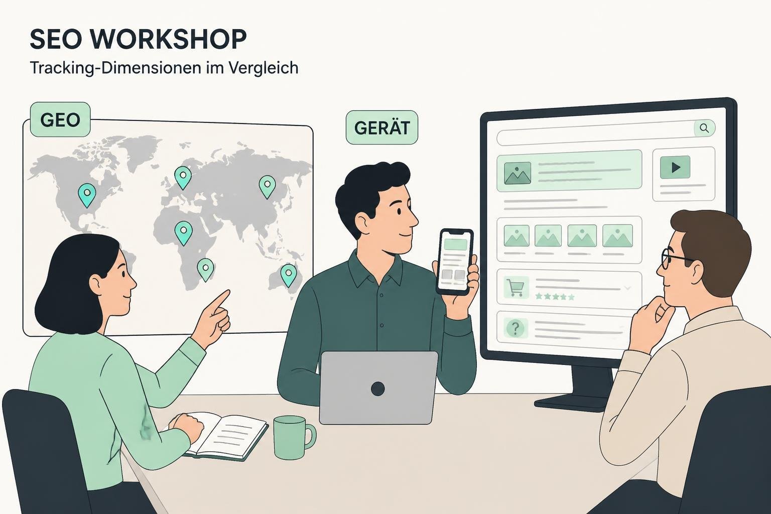 Flache Illustration: SEO-Team vergleicht GEO-Profile und Geräte mit Karte, Smartphone und Monitor; SERP-Layouts als Platzhalter.