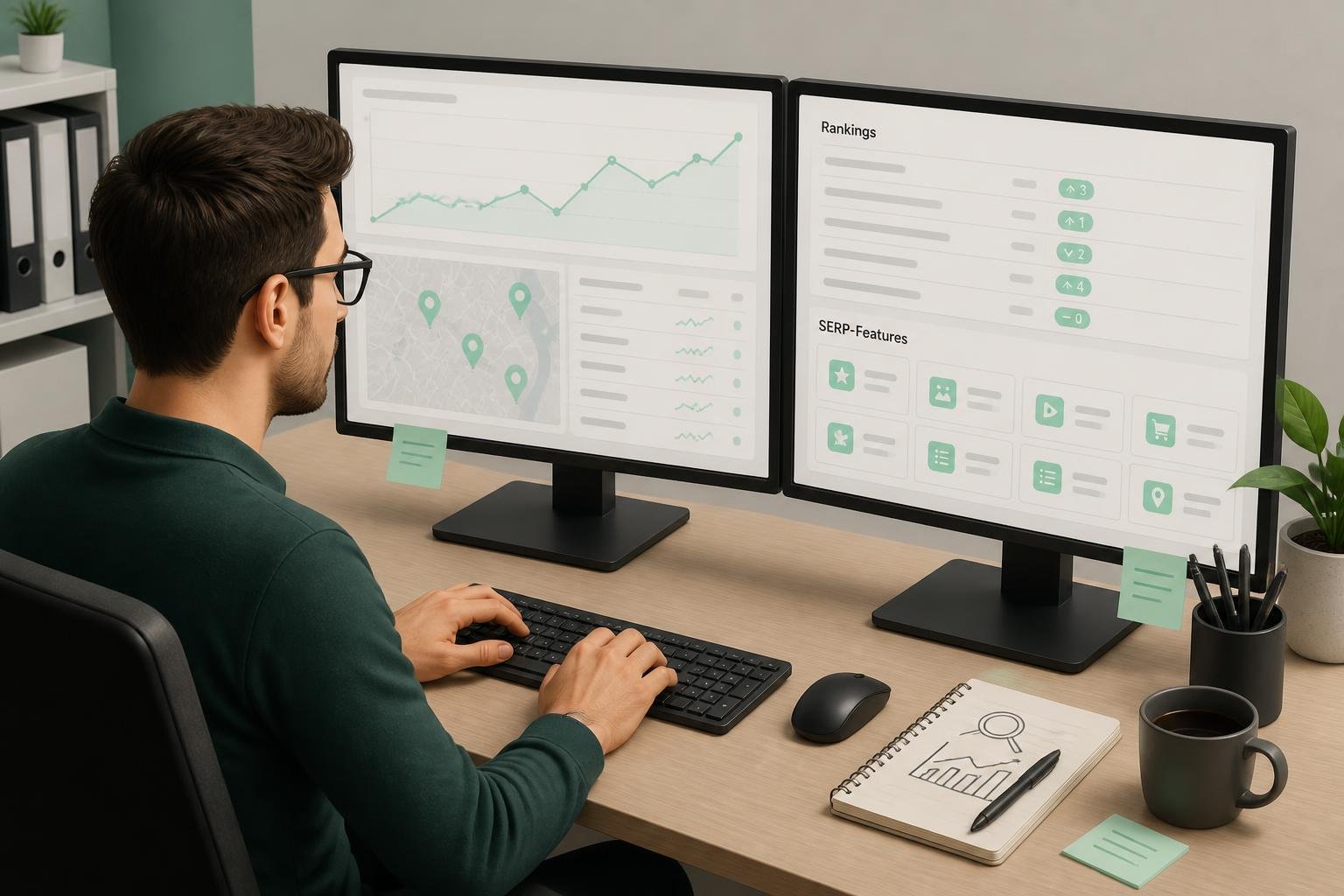SEO‑Analyst vor Monitoren mit Graphen, Geo‑Pins und Karten, beschriftet mit "Rankings" und "SERP‑Features".