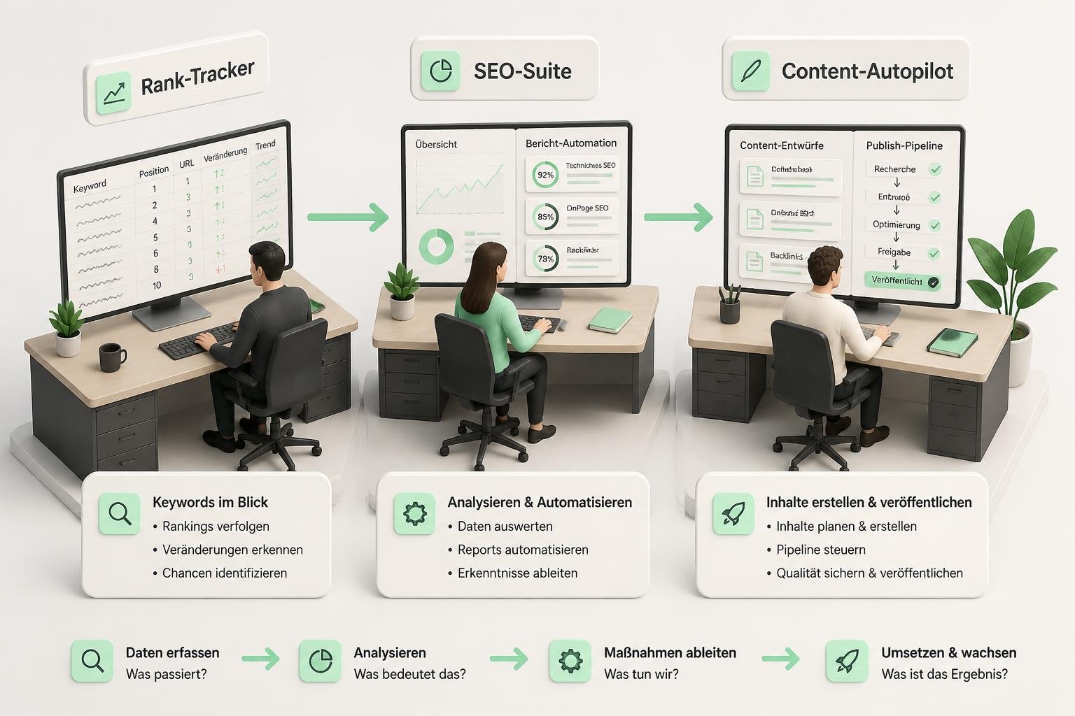 Drei Workstations mit Labels "Rank‑Tracker", "SEO‑Suite" und "Content‑Autopilot", zeigt Tool‑Typen und Workflow‑Verzahnung.