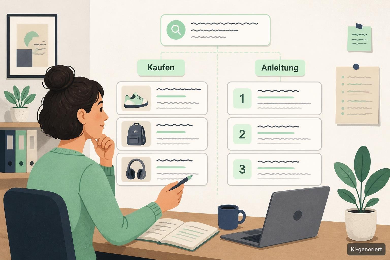 Eine Redakteurin gleicht Suchanfragen mit Produkt- und Ratgebertreffern ab, um die Suchintention zu prüfen.