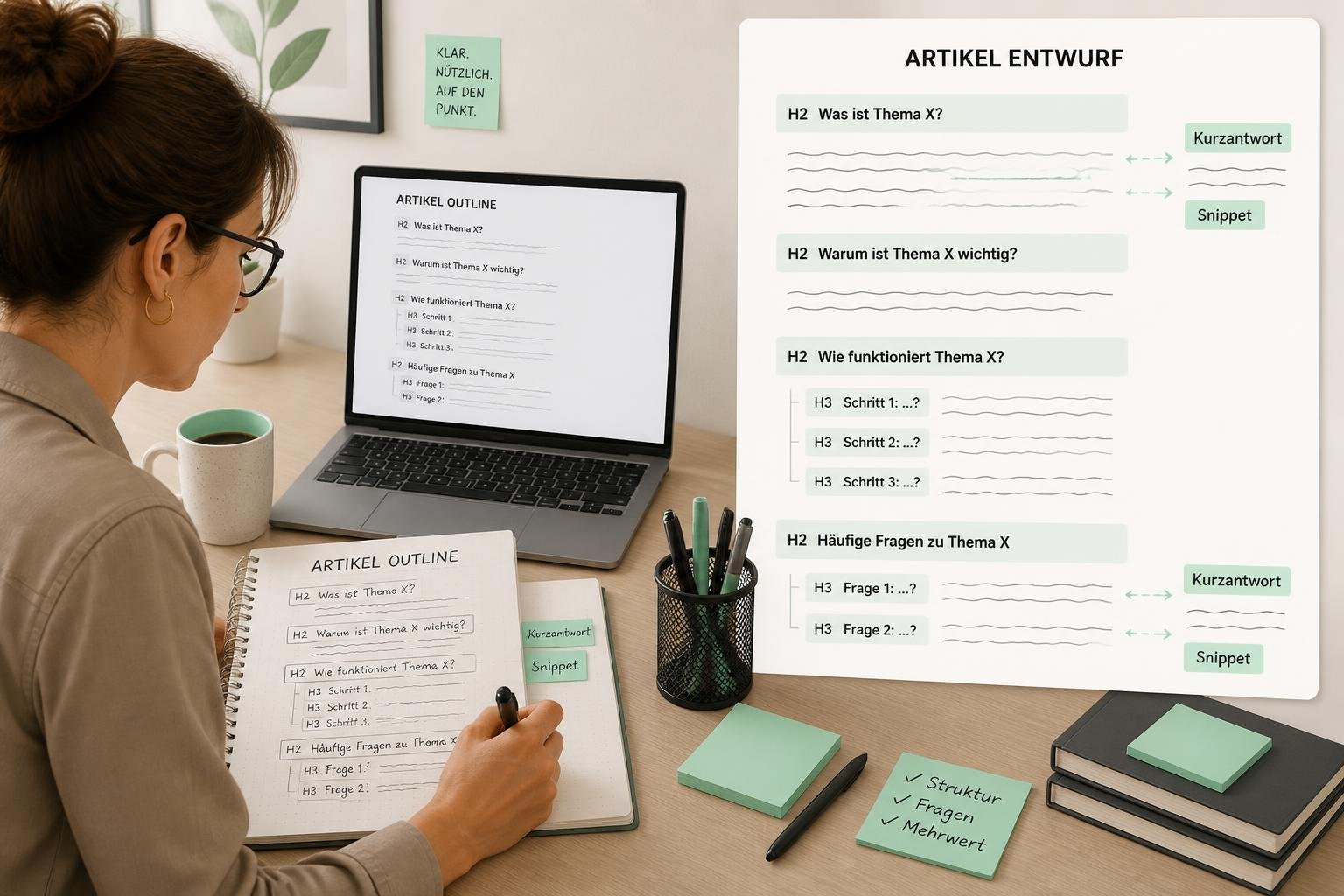 Redakteur ordnet Artikelstruktur: H2/H3 als Fragen, sichtbares 'Kurzantwort' und 'Snippet' auf Layout mit Platzhaltertext.