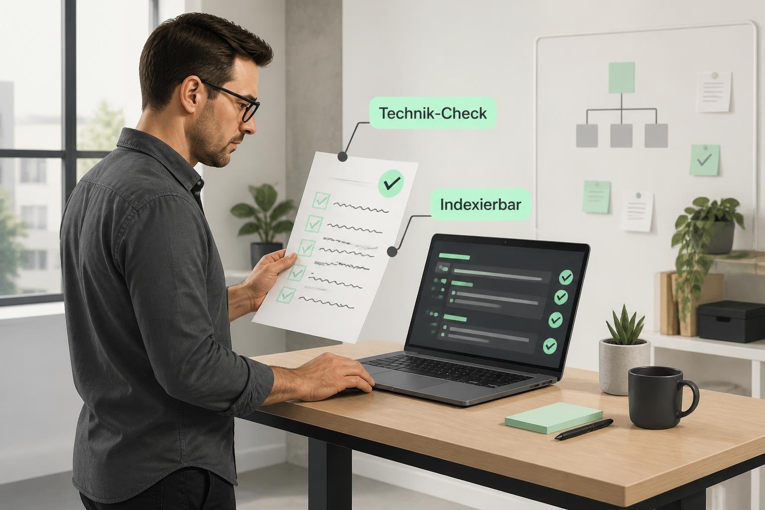 Techniker prüft Indexierbarkeit: Laptop und Checkliste mit 'Technik‑Check' und 'Indexierbar', Platzhaltertext.
