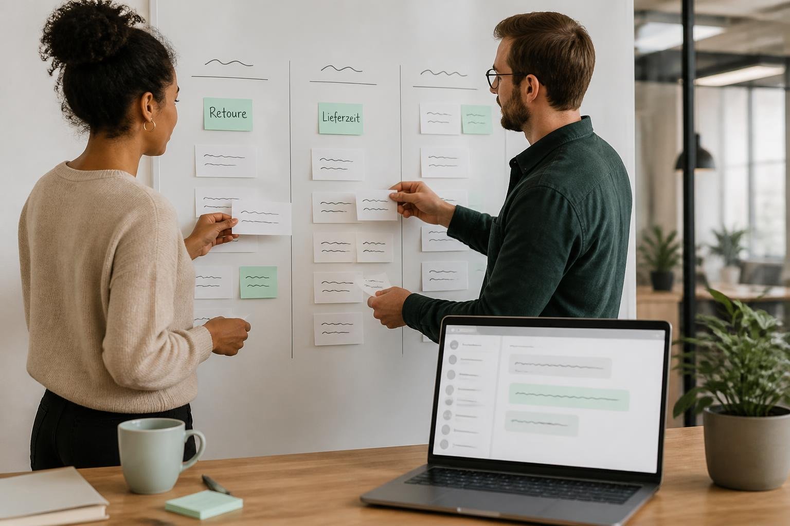 Zwei Mitarbeitende clustern und normalisieren Support‑Fragen am Whiteboard; Sticky‑Notes mit 'Retoure' und 'Lieferzeit' sichtbar.