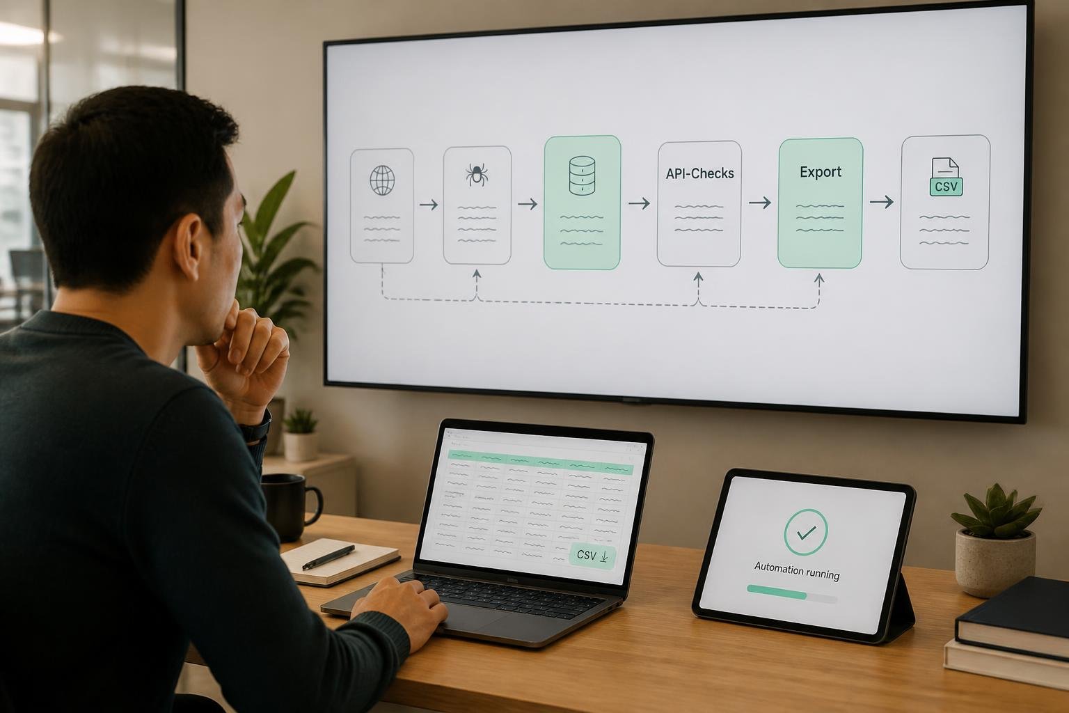 Produktmanager prüft automatisierten Crawl‑und‑Export‑Workflow auf Wanddisplay, Laptop exportiert CSV; Fokus auf Skalierung.