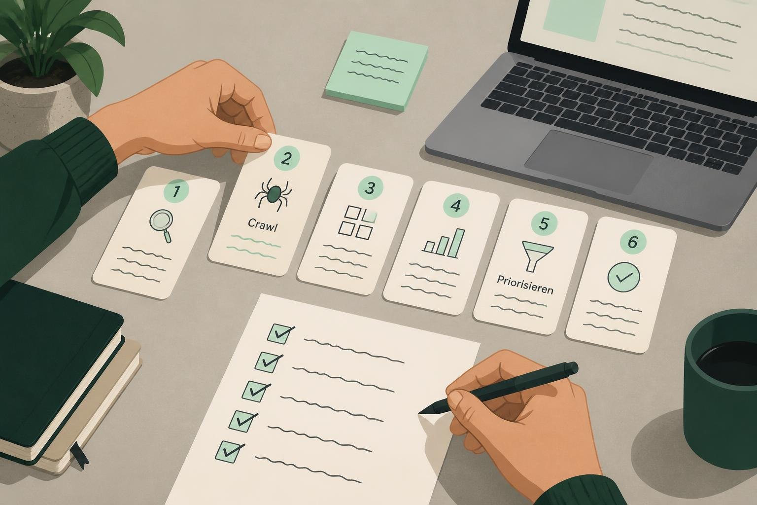 Illustration: Person ordnet die sechsstufige Audit‑Abfolge und markiert Karten (Crawl → Priorisieren) mit Checkliste