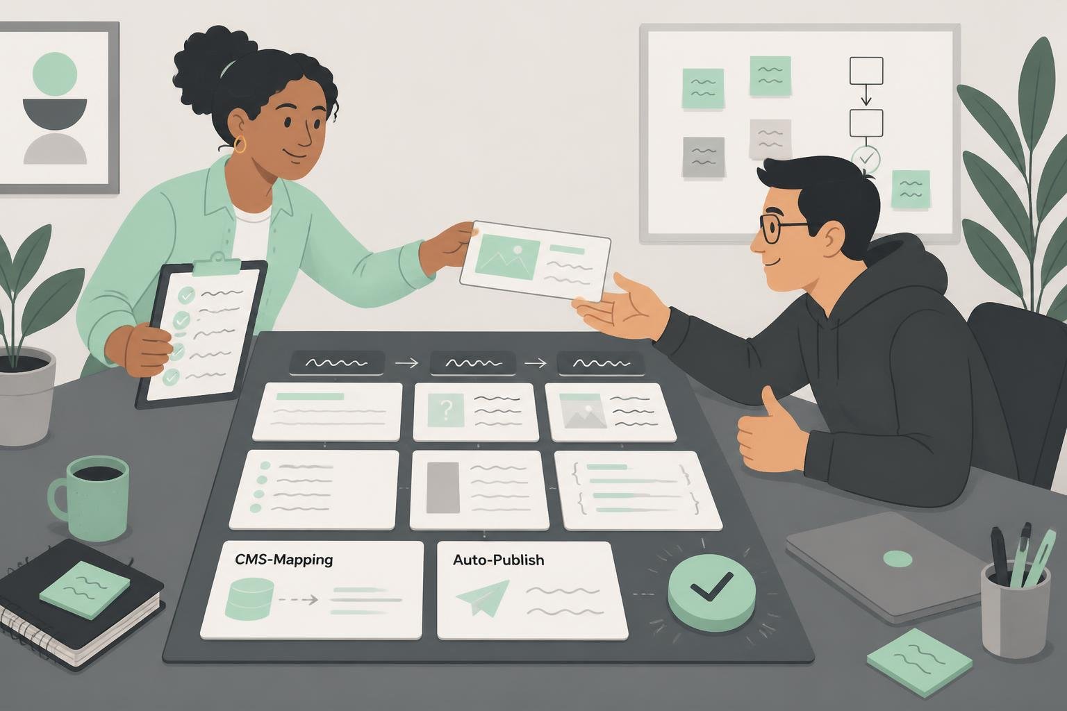 Illustration: Übergabe eines Drafts mit CMS‑Mapping-Board; Karten mit Labels 'CMS‑Mapping' und 'Auto‑Publish' sichtbar
