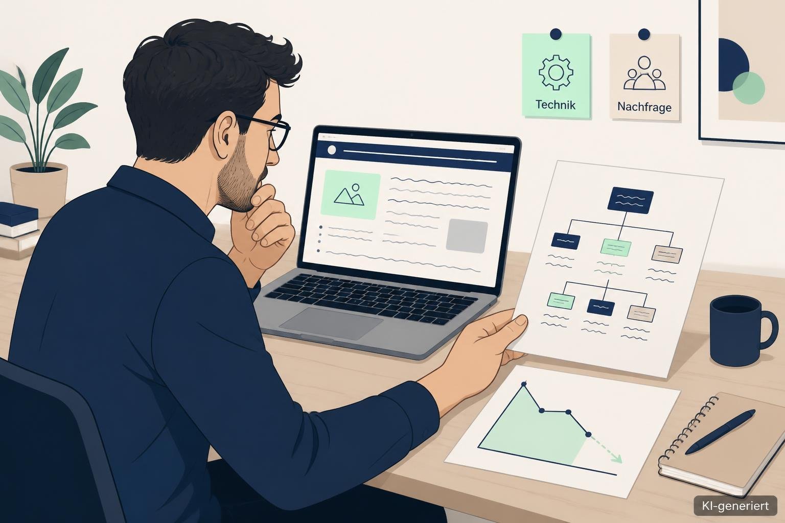Eine SEO-Managerin prüft eine betroffene Website-URL und vergleicht technische Hinweise mit dem Nachfrageverlauf.