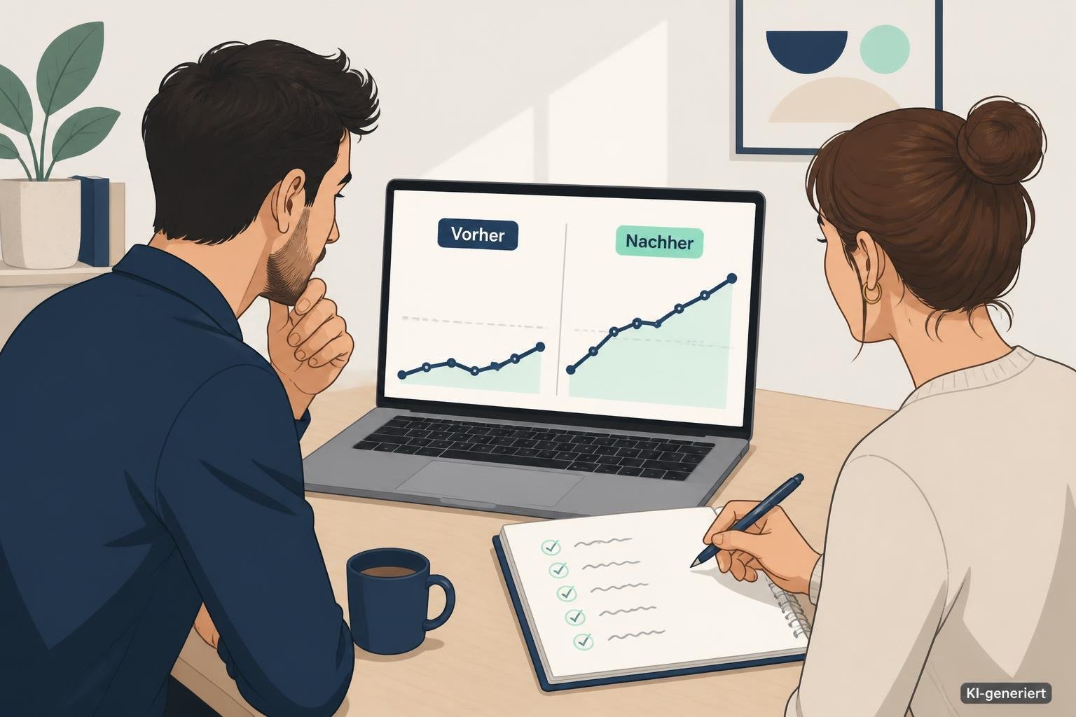 Ein SEO-Team vergleicht vor und nach einer Änderung dieselbe Suchanfrage anhand zweier Ranking-Verläufe.