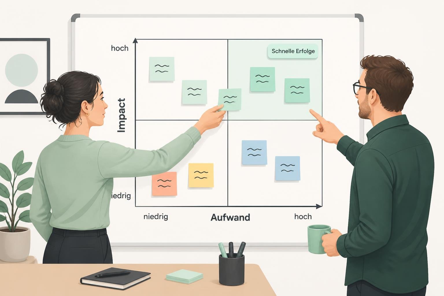 Impact‑vs‑Aufwand‑Matrix auf Whiteboard mit Haftnotizen; Team markiert 'Schnelle Erfolge' als Priorität.