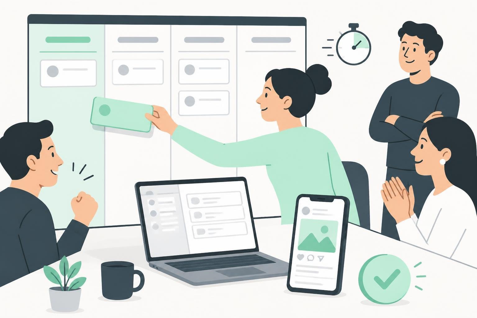 Flache Illustration: Team zieht eine Karte ‚Trend‑Slot‘ auf dem Kanban-Board, Laptop mit Vorschau und Hinweisen auf schnelle Freigaben.