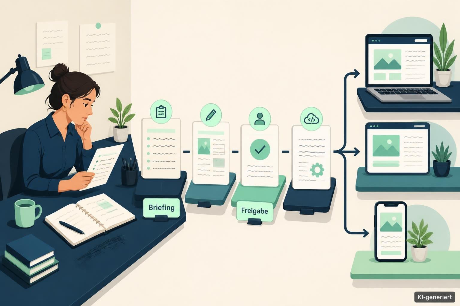 Eine Redakteurin prüft ein automatisiertes Briefing, bevor ein Inhalt für mehrere Websysteme freigegeben wird.