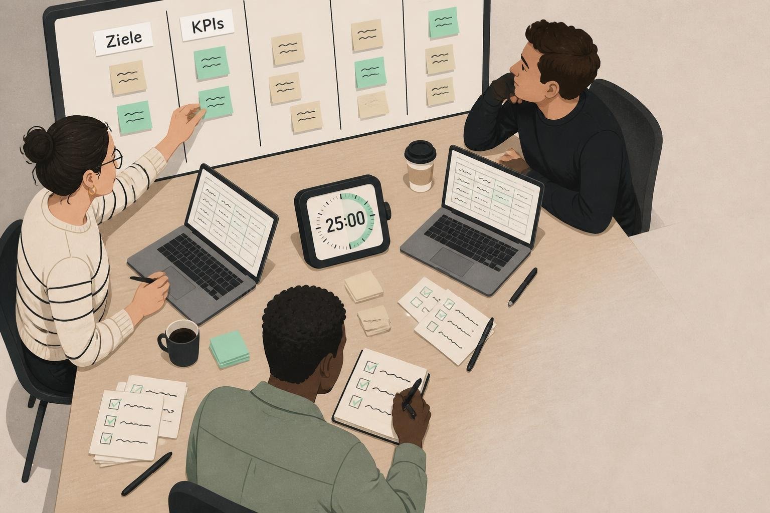 Illustration einer Sprint‑Planung: Team um Tisch, Timer, Kanban‑Board mit Labels „Ziele“ und „KPIs“, Laptops mit Platzhaltern.