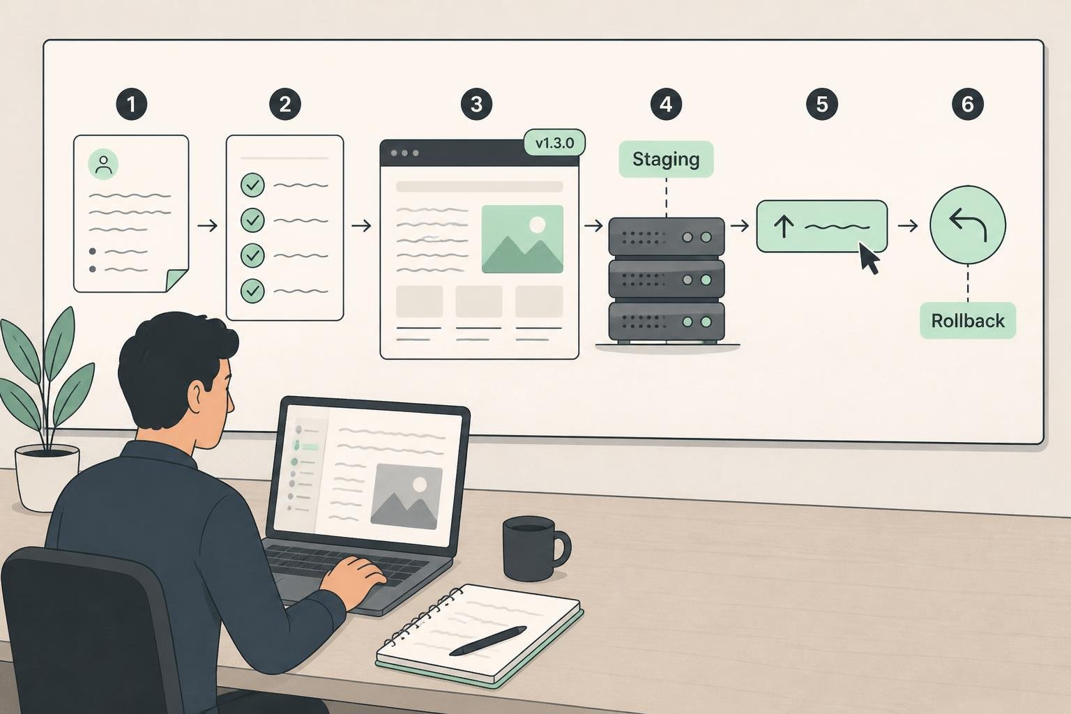 Illustration eines sicheren Auto‑Publish‑Workflows: Staging‑Vorschau, Publish‑Button, Rollback‑Hinweis mit den Labels „Staging“ und „Rollback“.