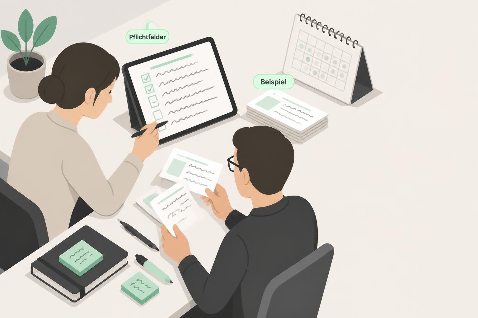 Isometrische Illustration: Team prüft Pflichtfelder im Redaktionsplan; Checklisten, Briefing‑Karten und Platzhalter‑Text.