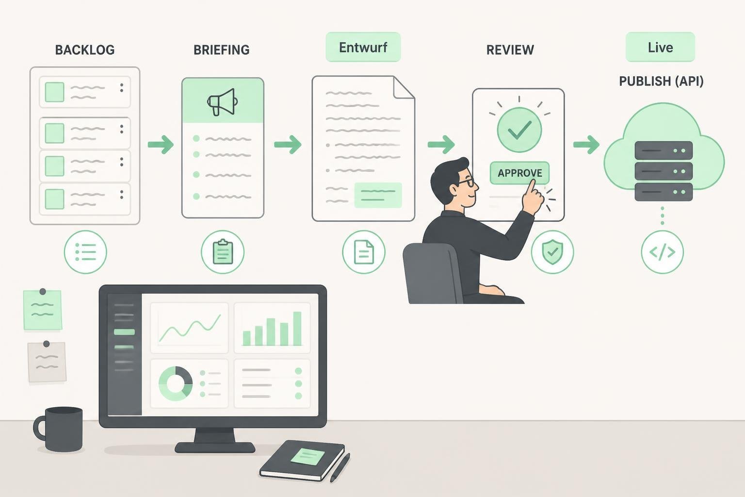 Illustration eines Auto‑Publish‑Workflows: Entwürfe, 2‑Stufen‑Review und API‑Publish in einer klaren visuellen Pipeline.