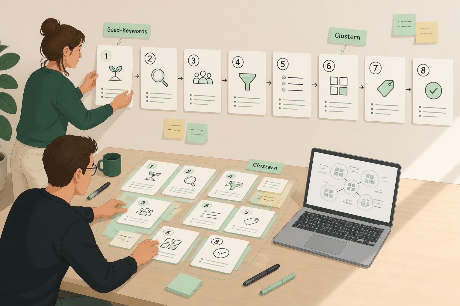 Illustration eines Schritt‑für‑Schritt‑Boards mit nummerierten Karten und Team, das Seed‑Keywords zu Themenclustern ordnet.