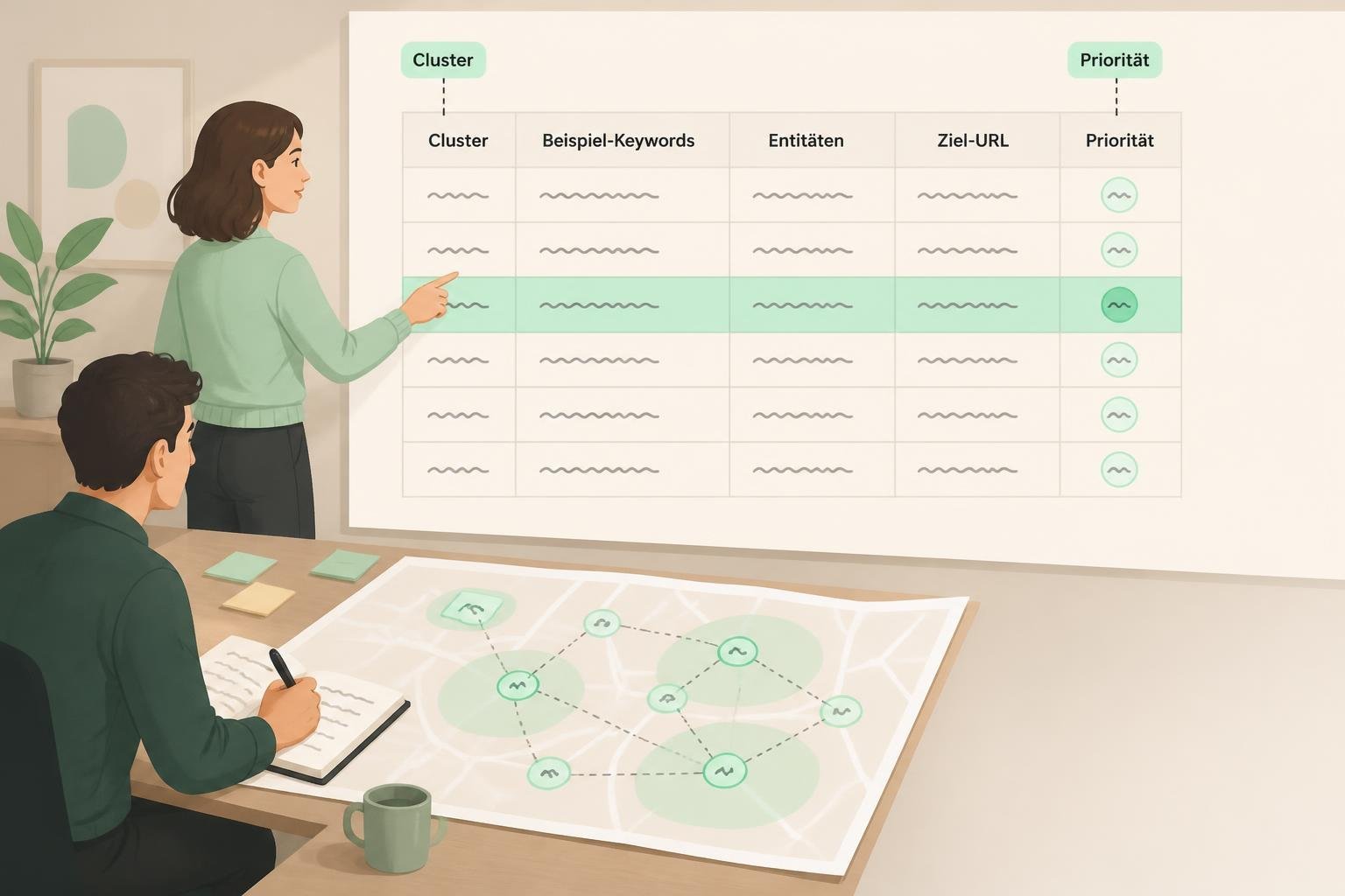 Illustration einer Beispiel‑Mapping‑Tabelle mit Spalten für Cluster, Entitäten, Ziel‑URL und Priorität, Team diskutiert die Einträge.