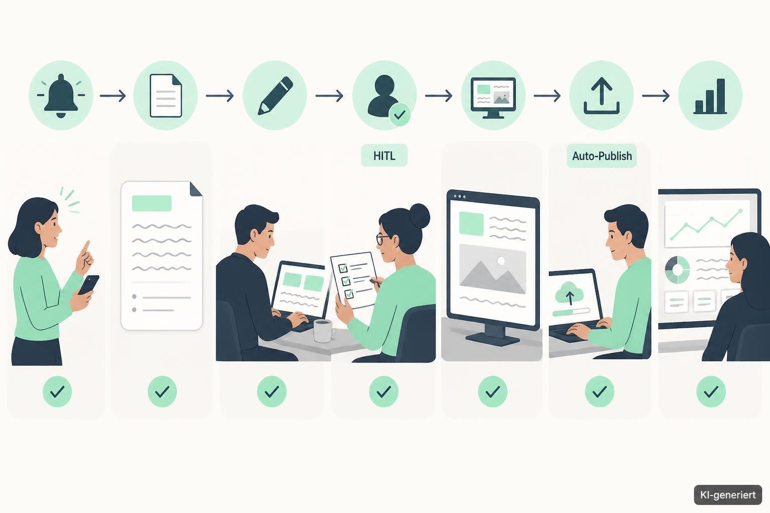 Sequenz‑Illustration des Auto‑Publish‑Workflows: Trigger, Drafting, HITL‑QA, Staging, Auto‑Publish und Monitoring.