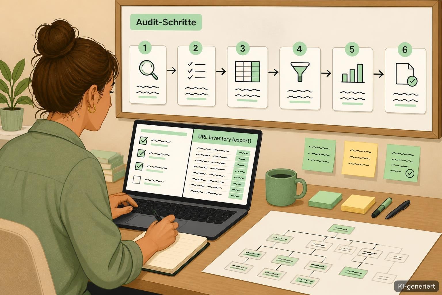 Illustration: Redakteur am Laptop vor einer Tafel mit nummerierten Audit‑Schritten und Checklisten.
