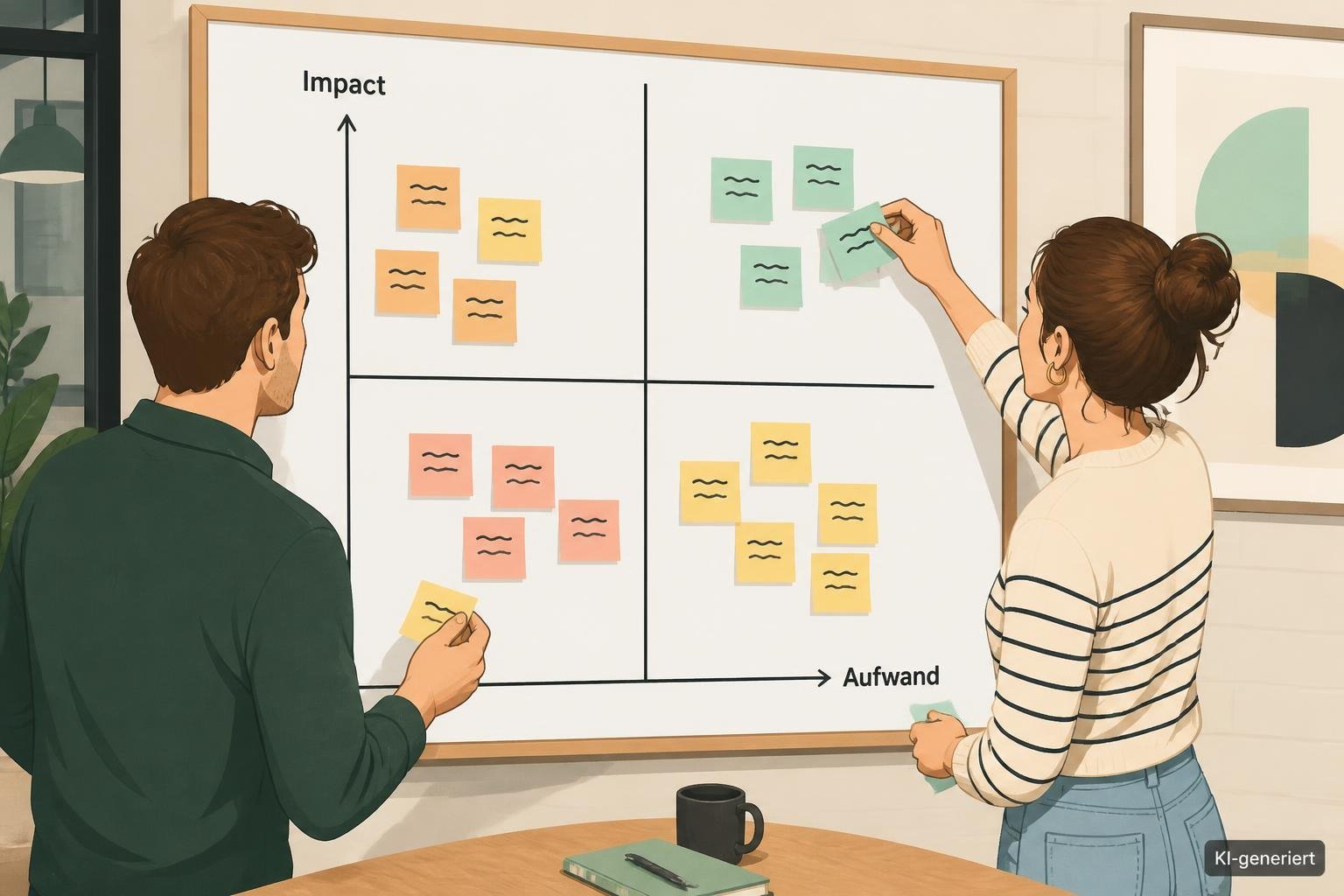 Illustration einer Priorisierungsmatrix (Impact vs. Aufwand) mit Haftnotizen, gruppiert für den 14‑Tage‑Plan.